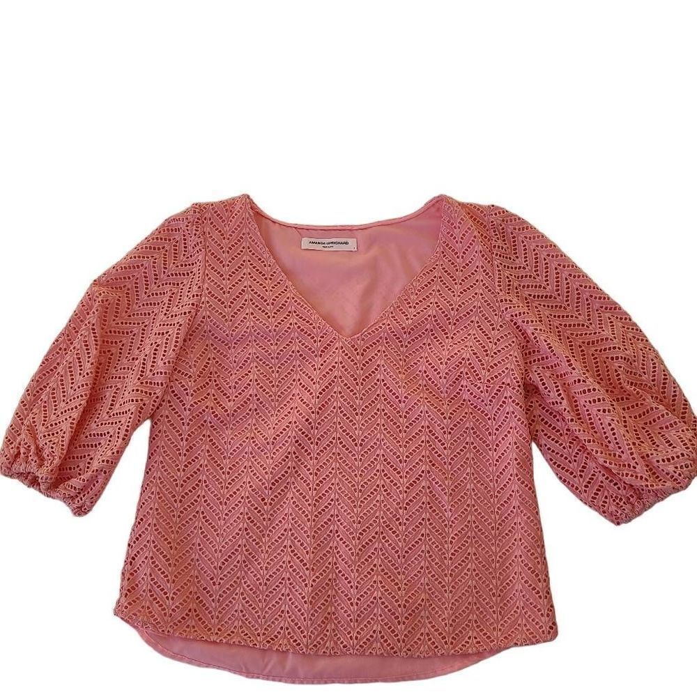 Amanda Uprichard Women Eyelet Blouse V Neckline Lined Quarter Sleeve Peach Small
